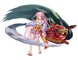 1girl alternate_costume bare_legs blush breasts demon_girl felicia_(taimanin_kurenai) female_focus full_body highres japanese_clothes kimono kiss lilith-soft long_hair looking_at_viewer official_alternate_costume official_art one_eye_closed pink_hair pointy_ears red_eyes shiny_skin small_breasts smile solo sweat taimanin_(series) taimanin_kurenai taimanin_rpgx twintails two_side_up very_long_hair weapon wink zol