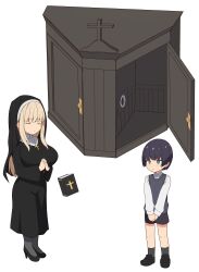 1boy 1girl age_difference bible_(object) black_footwear black_hair black_socks blonde_hair blue_eyes breasts commentary confessional cross crossed_arms habit high_heels highres huge_breasts kloah nun original shoes shorts socks thighhighs traditional_nun you_gonna_get_raped