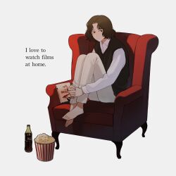 Rule 34 | 1boy, absurdres, barefoot, black sweater vest, brown eyes, brown hair, chair, commentary, commentary request, dvd case, english text, food, full body, highres, hugging own legs, male focus, nakano kaworu, original, popcorn, shirt, sitting, soda bottle, solo, sweater vest, symbol-only commentary, white shirt
