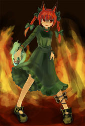 Rule 34 | 1girl, animal ears, bad id, bad pixiv id, braid, cat ears, cat girl, cat tail, daaji, female focus, fire, hokamichi, kaenbyou rin, ribbon, skull, solo, tail, taji (crowview), touhou, twin braids