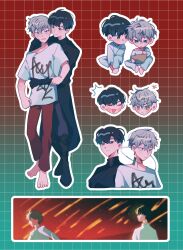 2boys alien_stage anger_vein barefoot black_boots black_coat black_eyes black_gloves black_hair black_pants black_shirt boots choker closed_eyes coat gloves green_eyes grey_hair highres holding holding_pencil ivan_(alien_stage) male_focus meteor_shower multiple_boys orri_(iirokagi) pants pencil print_shirt red_pants red_pupils riichuuba shirt short_hair sitting till_(alien_stage) turtleneck very_short_hair white_choker white_pants white_shirt