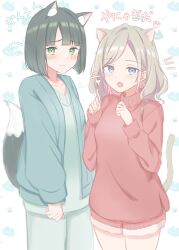 Rule 34 | 2girls, absurdres, animal ears, aqua cardigan, aqua pants, aqua shirt, black hair, blue eyes, blunt bangs, blunt ends, blush, bob cut, cardigan, cat ears, cat girl, cat tail, ceras yanagida lilienfeld, character name, closed mouth, commentary, flying sweatdrops, fox ears, fox girl, fox tail, fur-trimmed shorts, fur trim, green eyes, grey hair, hair intakes, hair ribbon, highres, iroha (nami3), kemonomimi mode, link! like! love live!, long hair, long sleeves, love live!, momose ginko, multiple girls, nyan, official alternate costume, open cardigan, open clothes, pants, paw pose, pink ribbon, pink shorts, pink sweater, ribbon, shirt, short hair, short shorts, shorts, single hair intake, sweater, symbol-only commentary, tail, turtleneck, turtleneck sweater, virtual youtuber