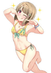 1girl barefoot bikini brown_hair front-tie_bikini_top front-tie_top gold_bikini highres love_live! love_live!_nijigasaki_high_school_idol_club nakasu_kasumi one_eye_closed onpu_(ghkc2238) pointing pointing_at_self red_eyes short_hair side-tie_bikini_bottom simple_background solo sparkle swimsuit white_background