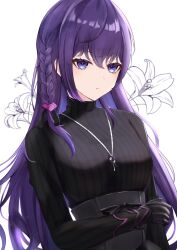 1girl asahina_mafuyu black_gloves black_skirt black_sweater blue_eyes bow braid breasts closed_mouth floral_background flower gloves hair_between_eyes hair_bow high-waist_skirt highres jewelry lily_(flower) long_hair long_sleeves looking_at_viewer medium_breasts necklace pink_bow project_sekai purple_eyes purple_hair ribbed_sweater ribbon simple_background single_braid skirt solo sweater tiizumaru98 turtleneck turtleneck_sweater upper_body very_long_hair virtual_youtuber white_background