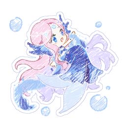 1girl absurdly_long_hair bare_shoulders blue_bra blue_eyes blue_shawl blue_skirt bra bubble cat_princess chibi chinese_commentary circlet coattails commentary_request crayon_(medium) eyelashes faux_traditional_media happy infinity_nikki jewelry light_blush long_hair long_sidelocks long_skirt looking_ahead mermaid_costume necklace nikki_(series) official_alternate_color open_mouth outline outstretched_arm pink_hair shawl sidelocks sitting skirt smile snowy_ballad_(infinity_nikki) solo stomach tareme traditional_media transparent_background underwear very_long_hair wavy_hair white_outline