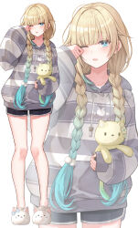 Rule 34 | 1girl, aizawa ema, animal slippers, aqua eyes, aqua hair, black shorts, blonde hair, braid, cat slippers, dolphin shorts, full body, gradient hair, hand up, highres, holding, holding stuffed toy, hood, hood down, hoodie, long hair, long sleeves, low twin braids, multicolored hair, one eye closed, parted lips, puffy long sleeves, puffy sleeves, short shorts, shorts, simple background, slippers, standing, striped clothes, striped hoodie, stuffed animal, stuffed toy, twin braids, virtual youtuber, vspo!, white background, white slippers, yoto 4102, zoom layer