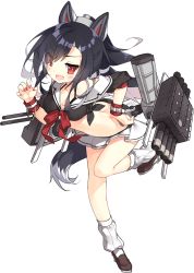 &gt;:d 1girl :d animal_ears azur_lane bent_over black_hair fake_animal_ears fang female_focus full_body long_hair looking_at_viewer machinery nail_polish navel official_art open_mouth pleated_skirt red_eyes saru school_uniform serafuku shigure_(azur_lane) ship_turret simple_background skirt smile solo tail transparent_background v-shaped_eyebrows wolf_tail