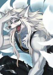 1boy black_pants black_tank_top blue_background blue_eyes body_fur chain claws commentary commission denim english_commentary fox_boy furry furry_male gold_chain hand_in_own_hair jeans kitsune kyuubi long_hair looking_at_viewer male_focus multiple_tails muscular muscular_male one_eye_closed open_mouth original pants sammy_(freezingsammy) simple_background skeb_commission solo tail tank_top torn_clothes torn_jeans torn_pants white_fur white_hair
