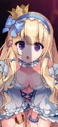 1girl blonde_hair blue_ribbon bracelet crown dmm jewelry pearl_bracelet penis penis_awe purple_eyes ribbon tenkafuma