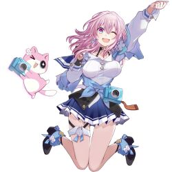 Rule 34 | 1girl, arm up, black boots, black choker, black gloves, black overskirt, blue boots, blue eyes, blue jacket, blue skirt, boots, bra strap, breasts, camera, choker, commentary, earrings, flower ornament, full body, gloves, high heel boots, high heels, highres, honkai: star rail, honkai (series), jacket, jewelry, long sleeves, march 7th (honkai: star rail), march 7th (preservation) (honkai: star rail), medium breasts, medium hair, miniskirt, multicolored boots, multicolored eyes, one eye closed, partially fingerless gloves, pink cat, pink eyes, pink hair, pleated skirt, saint laurent paris, shirt, single earring, skirt, smile, thigh strap, tied jacket, two-tone boots, two-tone eyes, underbust, white shirt
