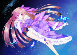 1girl absurdres ass bare_shoulders brown_hair bug butterfly earth_(planet) flying frills highres insect japanese_clothes kawaii_hito kimono legs long_hair murasaki_iro nanase_aoi non-web_source planet red_eyes ribbon self-upload sky space straight_hair