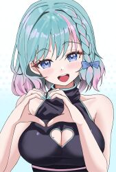 1girl absurdres aqua_hair bare_arms bare_shoulders black_shirt blue_eyes bow braid breasts charon_universe cleavage cleavage_cutout clothing_cutout domodomo0708 eris_(charon_universe) gradient_background gradient_hair hair_bow hands_up hashtag-only_commentary heart heart_cutout heart_hands highres large_breasts looking_at_viewer mole mole_on_breast multicolored_hair nail_polish open_mouth pink_hair shirt short_hair simple_background sleeveless sleeveless_shirt smile solo two-tone_hair upper_body virtual_youtuber white_background