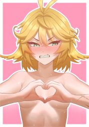 1girl absurdres antenna_hair averting_eyes blonde_hair blush border breasts cipher4109 clenched_teeth collarbone commentary convenient_censoring dokibird_(vtuber) dokibird_(vtuber)_(bounty_hunter) embarrassed english_commentary feather_hair green_eyes hair_intakes hands_up heart heart_hands highres indie_virtual_youtuber medium_hair nose_blush outline peanut_mouth pink_background scar scar_on_arm scowl shadow simple_background small_breasts solo straight-on sweat teeth topless_female underboob upper_body very_sweaty virtual_youtuber white_border