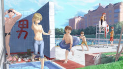 Rule 34 | 1girl, 5boys, :o, absurdres, artist request, barefoot, black footwear, black male swimwear, black swim briefs, blonde hair, blue innertube, blue male swimwear, blue swim trunks, breasts, brown footwear, building, casual nudity, chair, character request, closed eyes, copyright request, day, drawstring, flip-flops, grass, highres, holding, holding swim ring, innertube, legskin, lifeguard, lifeguard chair, male swimwear, male swimwear challenge, medium breasts, multiple boys, navel, nipples, open mouth, outdoors, pink footwear, pool, poolside, red male swimwear, red swim trunks, sandals, shixiaoshudian, shoes, short hair, standing, surprised, swim briefs, swim ring, swim trunks, swimsuit, topless female, topless male, unworn footwear, water, whistle, white footwear, yellow male swimwear, yellow swim trunks