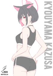 1girl alternate_costume animal_ears ass back bare_arms bare_shoulders black_choker black_hair black_shorts black_sports_bra blue_archive blunt_ends bob_cut cat_ears cat_girl character_name choker colored_inner_hair commentary cowboy_shot dolphin_shorts extra_ears eyelashes from_behind hair_behind_ear hair_ornament hairclip halo hands_on_own_hips highres kazusa_(blue_archive) looking_at_viewer looking_back multicolored_hair pink_hair pink_halo profile realen red_eyes short_hair shorts sideways_glance signature simple_background solo sports_bra straight_hair tongue tongue_out twitter_username two-tone_hair white_background