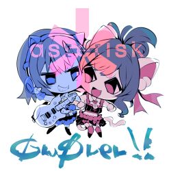 2girls animal_ear_headphones animal_ears belt belt_buckle black_belt black_boots black_shirt black_skirt blue_arm_warmers blue_eyes blue_hair blue_shirt blue_skirt blue_theme boots bow bow_skirt brown_hair buckle cat_ear_headphones cat_ears cat_girl character_request chibi collar commentary_request crop_top detached_collar electric_guitar fake_animal_ears fang frilled_skirt frills grin group_name guitar hair_ornament hair_ribbon headphones heads_together heart_collar high_ponytail idol idolmaster idolmaster_cinderella_girls instrument kemonomimi_mode light_blush locked_arms looking_at_another midriff miniskirt multiple_girls music navel open_mouth playing_guitar playing_instrument pleated_skirt pom_pom_(clothes) pom_pom_hair_ornament ponytail red_bow red_eyes red_ribbon red_theme red_thighhighs ribbed_thighhighs ribbon shirt short_hair short_ponytail simple_background skirt smile square_neckline striped_belt thigh_boots thighhighs two-tone_skirt usoneko white_background white_collar wrist_belt