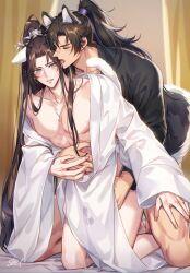 2boys abs absurdres animal_ears bare_pectorals black_hair black_hanfu blue_ribbon brown_hair cat_ears cat_tail chinese_clothes chu_wanning closed_eyes collarbone cum cum_on_body cum_on_legs dog_ears dog_tail ear_licking erha_he_tadebai_mao_shizun hair_ribbon half_updo hand_on_another&#039;s_leg hand_on_another&#039;s_shoulder hand_under_clothes hanfu hickey high_ponytail highres jewelry kemonomimi_mode kneeling korean_commentary licking long_hair long_sleeves male_focus mo_ran multiple_boys necklace nipples on_bed open_clothes open_mouth partially_undressed pectorals pendant ponytail ribbon stained_clothes tail tongue wide_sleeves xiao_guan_(headdress) yaoi zehel_az
