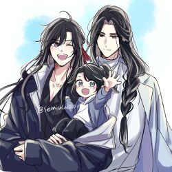 3boys ;d aged_down ahoge alternate_costume alternate_hairstyle alternate_universe bishounen black_hair black_jacket black_shirt blue_coat blue_eyes blue_jacket blush braid braided_ponytail carrying carrying_person child child_carry closed_mouth coat coat_on_shoulders collarbone collared_shirt contemporary family hair_down hair_ribbon half_updo hand_up highres hood hood_down hoodie jacket lan_sizhui lan_wangji long_hair long_sleeves looking_at_another looking_at_viewer male_focus modao_zushi multiple_boys one_eye_closed open_clothes open_jacket open_mouth ponytail purple_eyes red_ribbon ribbon semiusa1010 shirt single_braid smile turtleneck twitter_username upper_body waving wei_wuxian wei_wuxian_(yiling_laozu) white_hoodie white_shirt yaoi yellow_eyes