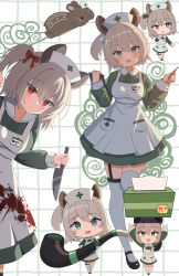 animal_ears apron baku_(creature) blood blood_on_clothes blood_splatter blush breasts brown_hair chibi clipboard contrast_collar dress eyes_visible_through_hair frilled_dress frills green_dress green_eyes hair_between_eyes hair_ribbon hat highres holding holding_knife holding_smoking_pipe indie_virtual_youtuber kawaiipony2 kitchen_knife knife long_sleeves looking_at_viewer medium_breasts medium_hair multiple_persona multiple_views name_tag nimi_nightmare nimi_nightmare_(tapir) nurse nurse_cap official_alternate_eye_color one_side_up open_mouth oversized_object price_tag red_eyes red_ribbon ribbon round_collar rounded_collar smile smoking_pipe tapir tapir_ears tapir_girl tissue_box virtual_youtuber white_apron white_ribbon