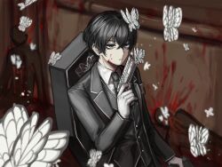 Rule 34 | 1boy, armband, black coat, black eyes, black hair, black necktie, black suit, bug, butterfly, coat, coffin, collared shirt, corpse, e.g.o (project moon), formal clothes, gloves, grey armband, gun, highres, holding, holding gun, holding weapon, indoors, insect, limbus company, long sleeves, looking at viewer, male focus, necktie, nra 3614, project moon, shirt, short hair, solemn lament (e.g.o), solo, standing, suit, upper body, weapon, white butterfly, white gloves, white shirt, yi sang (project moon)