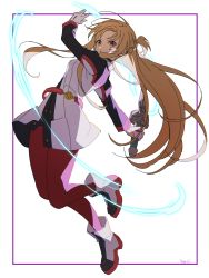 Rule 34 | 1girl, ankle boots, asuna (sao), boots, gloves, hari611, highres, long hair, long sleeves, looking at viewer, orange eyes, orange hair, pantyhose, red pantyhose, solo, sword, sword art online, sword art online the movie: ordinal scale, weapon, white boots, white gloves
