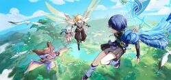 1girl 2boys absurdres aether_(genshin_impact) ahoge alalen alalen_nelala anemo_symbol_(genshin_impact) animal_print aqua_gemstone armor arms_at_sides bird bird_print black_boots black_bow black_bridal_gauntlets black_cape black_gauntlets black_leggings black_pants black_sandals black_shirt black_shorts black_sleeves blonde_hair blue_cape blue_gemstone blue_kimono blue_sky blunt_ends boots bow bridal_gauntlets cape clenched_hands closed_mouth cloud cloudy_sky cropped_shirt diamond_hair_ornament dragon feathers fingernails flying flying_sweatdrops forest furisode gem genshin_impact gold gold_belt gold_ring gold_trim hair_between_eyes hakama hakama_shorts halo hands_up highres hip_vent japanese_armor japanese_clothes juban kimono kote kurokote leg_warmers leggings long_hair long_sleeves looking_at_another looking_back low-braided_long_hair low-tied_long_hair mechanical_halo midair middle_ring mini_durin_(dragon)_(genshin_impact) mini_durin_(genshin_impact) mountainous_horizon multiple_boys nature open_clothes open_kimono open_mouth paimon_(genshin_impact) pants pleated_shorts pom_pom_(clothes) purple_eyes purple_hair sandals scaramouche_(genshin_impact) scarf shaded_face shirt short_hair short_sleeves shorts single_thighhigh sky slime_(genshin_impact) small_dragon smile split_mouth stirrup_legwear sumeru_city tassel tearing_up thighhighs toeless_legwear toenails toes tree vision_(genshin_impact) wanderer_(genshin_impact) white_boots white_cape white_hair white_kimono white_leg_warmers white_romper white_scarf white_sleeves white_thighhighs white_trim wind yellow_eyes yellow_feathers zouri