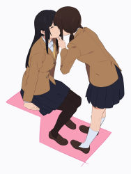 2girls ^_^ black_hair black_socks blazer blue_skirt brown_hair brown_jacket closed_eyes commentary_request hand_on_another&#039;s_chin hidden_face highres imminent_kiss jacket kamo_kamen kneehighs low_twintails multiple_girls original pantyhose pleated_skirt school_uniform skirt socks twintails white_legwear yuri
