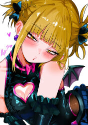 1girl absurdres black_gloves black_leotard blonde_hair breasts brown_pantyhose cleavage clothing_cutout cosplay earrings elbow_gloves gloves haneyama_kazuho haneyama_kazuho_(cosplay) heart heart_cutout highres jewelry large_breasts leotard looking_at_viewer mini_wings pantyhose simple_background solo toga_himiko vigilante_-boku_no_hero_academia:_illegals- white_background wings yellow_eyes zd_(pixiv6210083)