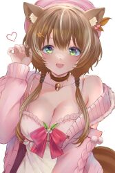 1girl animal_ear_fluff animal_ears ayunda_risu breasts brown_hair cleavage fingernails green_eyes hair_ornament hat heart highres hololive hololive_indonesia light_blush looking_at_viewer multicolored_eyes multicolored_hair pink_hat pink_sweater smile solo solo_focus squirrel_ears squirrel_girl squirrel_tail streaked_hair sweater sylphynia tail twitter_username virtual_youtuber