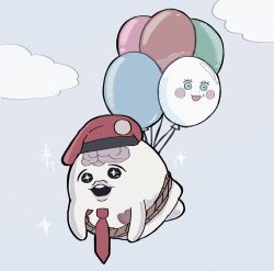 balloon beret black_eyes blush_stickers brain cloud diamond-shaped_pupils diamond_(shape) dot_nose eyelashes floating getsumen_(pst_moon) hat highres mojiro_moko necktie nigou_(hundred_line) open_mouth red_hat red_necktie rope sky symbol-shaped_pupils teeth the_hundred_line_-last_defense_academy- upper_teeth_only