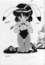 1990s_(style) 1girl animal_ears chibi earrings fake_animal_ears female_focus fushigi_no_umi_no_nadia highres jewelry king leotard monochrome nadia_la_arwall pantyhose playboy_bunny rabbit_ears retro_artstyle sandals simple_background solo
