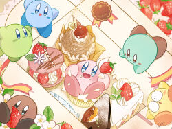 blue_skin blush_stickers cake cake_slice colored_skin cupcake flower food fruit green_skin kirby kirby&#039;s_dream_buffet kirby_(series) nintendo no_humans pastry_box pink_skin rate_muto star_(symbol) strawberry white_flower yellow_skin