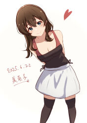 1girl absurdres arms_behind_back bare_shoulders black_thighhighs black_tube_top blue_eyes breasts brown_hair character_name cleavage collarbone cowboy_shot dated double-parted_bangs eyelashes flipped_hair hair_down heart highres idolmaster idolmaster_million_live! idolmaster_million_live!_theater_days leaning_to_the_side light_blush long_hair looking_at_viewer natsuki_p official_alternate_hairstyle red_tank_top satake_minako skirt smile split_mouth strapless tank_top thighhighs tube_top white_background white_skirt