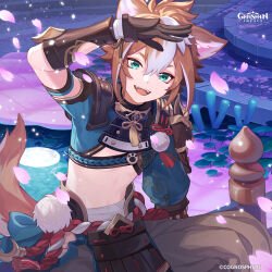 1boy absurdres animal_ears aqua_eyes arm_up armor brown_hair cherry_blossoms commentary copyright_name copyright_notice dog_boy dog_ears dog_tail english_commentary falling_petals genshin_impact gomosawa gorou_(genshin_impact) highres igote japanese_armor japanese_clothes looking_at_viewer male_focus multicolored_hair official_art open_mouth petals rope short_hair sitting solo stomach streaked_hair tail water white_hair