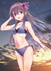 Rule 34 | 1girl, alternate costume, beach, bikini, black choker, breasts, brown hair, choker, cleavage, cloud, cloudy sky, cowboy shot, gradient sky, hair ornament, highres, kantai collection, kisaragi (kancolle), layered bikini, long hair, medium breasts, minosu, open mouth, orange sky, outdoors, purple bikini, purple eyes, sky, solo, sun, sunset, swimsuit, water