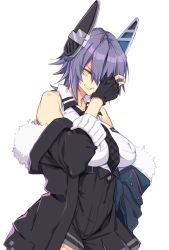10mo 1girl bare_shoulders black_skirt breast_pocket breasts checkered_clothes checkered_necktie checkered_neckwear commentary_request cowboy_shot dress_shirt fur-trimmed_jacket fur_trim highres jacket kantai_collection large_breasts necktie pleated_skirt pocket purple_hair shirt short_hair simple_background skirt solo tenryuu_(kancolle) tenryuu_kai_ni_(kancolle) white_background yellow_eyes