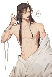 !? 1boy ? abs ahoge alternate_costume alternate_hairstyle asis_5475 bite_mark black_hair brown_hair collarbone grey_eyes groin hair_down hickey implied_yaoi korean_commentary long_hair looking_to_the_side male_focus messy_hair modao_zushi navel open_mouth pants pectorals ribbon robe sidelocks simple_background solo spoken_interrobang spoken_question_mark stomach sweat sweatdrop toned toned_male topless_male undressing wei_wuxian white_background white_pants white_ribbon white_robe