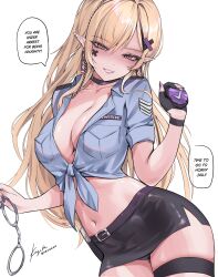 1girl absurdres badge belt bikini black_choker black_gloves black_panties blonde_hair blush braid breasts choker cleavage commentary crop_top cuffs earrings english_commentary english_text eve_(keyokku) front-tie_bikini_top front-tie_top gloves hair_ornament handcuffs highres holding holding_badge holding_handcuffs jewelry keyokku large_breasts long_hair looking_at_viewer midriff miniskirt navel no_bra open_mouth original panties pantyshot partially_fingerless_gloves pencil_skirt pink_eyes pointy_ears police police_uniform policewoman shirt side_braid simple_background single_glove skirt solo speech_bubble swimsuit teeth thigh_strap tied_shirt underwear white_background x_hair_ornament