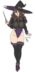 1girl :d black_boots black_hat blush boots breasts brown_hair dated full_body hair_between_eyes hat highleg highleg_leotard highres holding holding_wand houtengeki huge_breasts large_hat leotard long_hair long_sleeves open_mouth original purple_eyes purple_leotard simple_background smile solo standing thigh_boots thighs wand white_background witch_hat