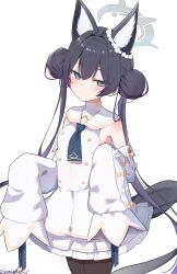 1girl animal_ear_fluff animal_ears black_pantyhose blue_archive braid braided_bun breasts cosplay detached_sleeves double_bun dress ear_wreath extra_ears fox_ears fox_girl fox_tail grey_hair grey_halo hair_between_eyes hair_bun halo highres kemonomimi_mode kisaki_(blue_archive) long_hair looking_at_viewer pantyhose sazamiso_rx seia_(blue_archive) seia_(blue_archive)_(cosplay) sleeves_past_fingers sleeves_past_wrists small_breasts smile solo tail twintails very_long_hair white_dress