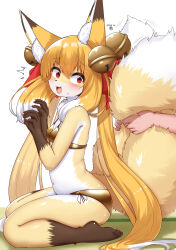 1boy 1girl animal_ear_fluff animal_ears bell bikini blonde_hair blush body_fur breasts dated fox_ears fox_girl fox_tail from_side furry furry_female gold_bikini grabbing_another&#039;s_tail hair_bell hair_ornament highres horokusa_(korai) jingle_bell looking_back multiple_tails navel open_mouth original red_eyes sitting small_breasts sweatdrop swimsuit tail twintails wariza white_hair yellow_fur