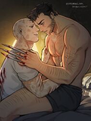 2boys arm_hair bald bara beard black_male_underwear bleeding blood blood_on_clothes blood_on_hands breath brown_hair chest_hair claw_(weapon) comforting couple cuts deadpool deadpool_&amp;_wolverine deadpool_(series) dreaming_oor eye_contact facial_hair forehead-to-forehead hairy heads_together highres injury large_pectorals leg_hair light_smile looking_at_another male_focus male_underwear marvel marvel_cinematic_universe multiple_boys muscular muscular_male nipples pectorals scar scars_all_over shirt short_hair sitting sitting_on_lap sitting_on_person sweat tears too_many underwear veins veiny_arms weapon white_shirt wolverine_(x-men) x-men yaoi