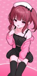 1girl absurdres bare_shoulders black_camisole black_thighhighs brown_hair camisole commentary flat_chest hat highres idolmaster idolmaster_cinderella_girls jacket jia_wenyuan looking_at_viewer nail_polish off_shoulder ogata_chieri open_clothes open_jacket open_mouth pink_background pink_eyes pink_jacket skirt smile thighhighs twintails zettai_ryouiki