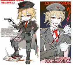1boy ahoge aiguillette blonde_hair blood blood_on_clothes blood_on_face blood_splatter boots cape chibi commission epaulettes evil_smile full_body gloves glowing glowing_eyes gradient_background grey_jacket grin gun hand_on_own_hip hat holding holding_gun holding_knife holding_weapon jacket kamika knife lineart long_sleeves looking_at_viewer male_focus messy_hair military_uniform multiple_views necktie one_eye_closed original peaked_cap red_eyes red_necktie reference_sheet short_hair simple_background sketch smile smirk standing upper_body weapon white_background white_gloves