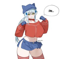 1girl bare_shoulders blue_gloves blue_hat blue_skirt breasts choker clenched_hands clenched_teeth cool_mita_(miside) cool_mita_(miside)_(cosplay) cosplay cowboy_shot crop_top crop_top_overhang d5y0m fake_horns girls&#039;_frontline girls&#039;_frontline_2:_exilium gloves green_eyes hands_up hat highres hk416_(girls&#039;_frontline) horned_hat horns huge_breasts klukai_(girls&#039;_frontline_2) long_hair long_sleeves looking_at_viewer low_ponytail midriff miniskirt miside mita_(miside) navel newsboy_cap off-shoulder_sweater off_shoulder pleated_skirt ponytail red_choker red_sweater red_thighhighs ribbon_choker shaded_face side_slit simple_background skirt solo speech_bubble stomach sweater teeth thighhighs white_background white_hair zettai_ryouiki