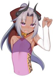 1girl black_horns blush bridal_gauntlets choker commentary_request cropped_torso dark_skin flat_chest gloggy grey_hair hair_intakes hand_up highres horns jewelry kikyou_(gloggy) laces long_hair looking_at_viewer open_mouth original purple_eyes ribs ring simple_background solo upper_body white_background white_bridal_gauntlets
