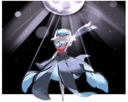 3woomy3 alternate_color artist_name black_dress black_gloves blue_hair bob_cut colored_skin dress elbow_gloves gardevoir gen_3_pokemon gloves highres mega_gardevoir mega_pokemon moon nintendo orange_eyes pokemon pokemon_(creature) shiny_pokemon strapless strapless_dress white_skin