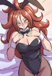 Rule 34 | 1girl, android 21, animal costume, animal ears, black nails, blue eyes, blush, bow, bowtie, breasts, brown hair, detached collar, dragon ball, dragon ball fighterz, earrings, fake animal ears, hair ornament, hands on own chest, highleg, highleg leotard, jei games, jewelry, large breasts, leotard, long hair, looking at viewer, lying, mature female, nail polish, on back, pantyhose, playboy bunny, rabbit costume, rabbit ears, rabbit hair ornament, smile, solo, wrist cuffs
