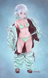 abs absurdres bare_legs bare_shoulders bare_tree blue_bow blue_eyes blunt_bangs bow bra breasts clothes_pull coat collarbone gluteal_fold green_bra green_coat green_hair green_panties green_pants hat highres light_green long_ears medium_breasts medium_hair midriff mint_fantome navel non-web_source open_mouth panties pants pants_pull side-tie_panties signature smile stomach teeth tongue tree unbuttoned underwear undressing unzipped white_hat winter_clothes winter_coat