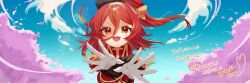 +_+ 1girl aiguillette blue_sky cherry_blossoms epaulettes fringe_trim gloves hair_between_eyes hair_ribbon hat jacket long_sleeves medium_hair military_uniform one_side_up ongeki open_mouth ousaka_akane reaching reaching_towards_viewer red_eyes red_hair red_hat ribbon robet_roxa signature sky smile solo v-shaped_eyebrows white_gloves yellow_ribbon